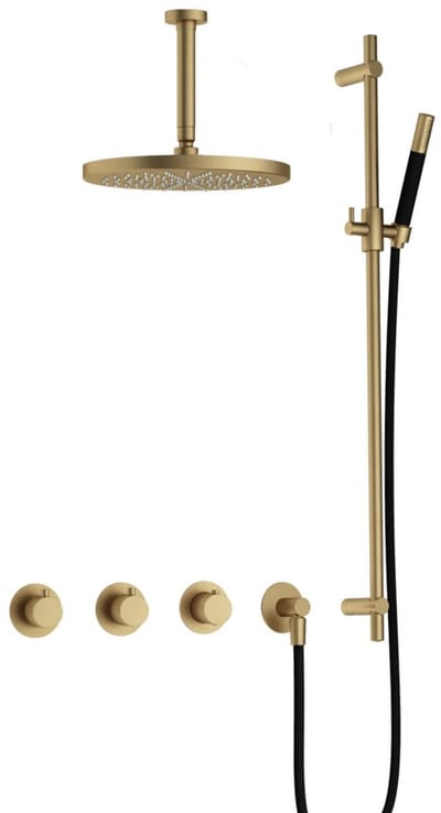 Hotbath Cobber IBS70 inbouw regendoucheset met staafhanddouche aan glijstang en 30cm ronde hoofddouche aan 15cm plafondarm geborsteld messing