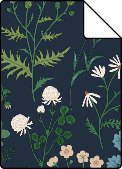 Proefstaal ESTAhome behang veldbloemen inktblauw en groen - 26.5 x 21 cm - 139844-S
