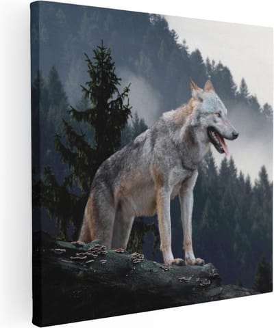 Artaza Canvas Schilderij Grijze Wolf In De Bossen  - 80x80 - Groot - Foto Op Canvas - Canvas Print