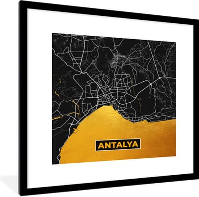 Fotolijst incl. Poster - Antalya - Goud - Plattegrond - Stadskaart - Kaart - 40x40 cm - Posterlijst