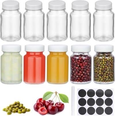 Famanu - Set van 10 glazen flesjes 60 ml met brede mond, etiketten en deksel, herbruikbaar voor sap en olie – Transparant
