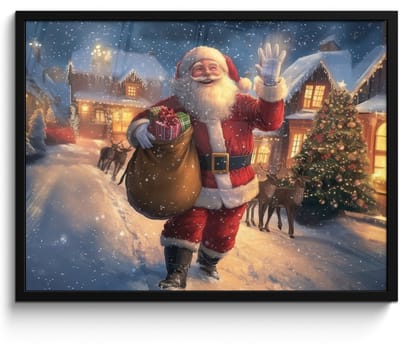 Poster in lijst - Fotolijst 80x60 cm - Posters - Kerstman - Dorp - Hert - Donker - Posterlijst zwart - Decoratie - Wanddecoratie woonkamer - Muurdecoratie slaapkamer - Kerstversiering - Kerstdecoratie voor binnen - Kerstmis