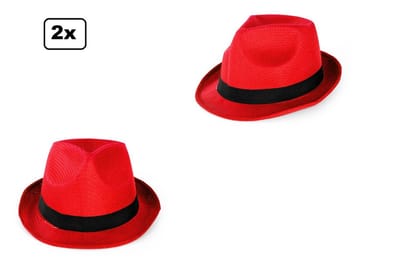 2x Festival maffia hoed rood met zwarte band - mt.58-59 - Carnaval Hoofddeksel hoed festival thema feest feest party