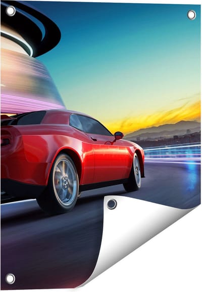 Gards Tuinposter Rode Sportwagen Auto in de Stad - 40x50 cm - Tuindoek - Tuindecoratie - Wanddecoratie buiten - Tuinschilderij