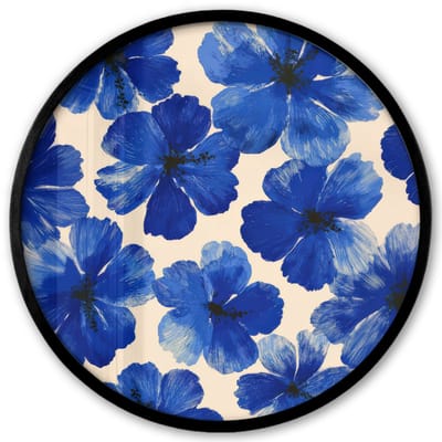 Poster in lijst Rond - Fotolijst 40x40 cm - Posters - Bloemen - Blauw -Patroon - Wit - Ronde posterlijst zwart - Decoratie - Wanddecoratie woonkamer - Muurdecoratie slaapkamer