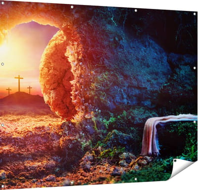 Gards Tuinposter Kruisiging bij Zonsopgang - Opstanding Jezus - 150x120 cm - Tuindoek - Tuindecoratie - Wanddecoratie buiten - Tuinschilderij