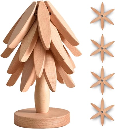longziming -4-delige Ronde Houten Onderzetters Ø20x1,3 cm met Standaard 10x23 cm – Beukenhout, Stijlvol en Hittebestendig