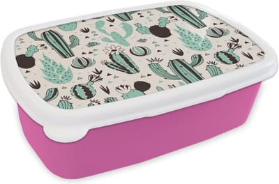Broodtrommel Roze - Lunchbox - Brooddoos - Cactus - Patroon - Bloemen - 18x12x6 cm - Kinderen - Meisje