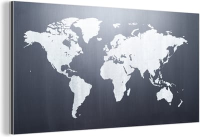 Aluminium schilderij 160x80 cm - Wanddecoratie metaal - Wereldkaart - Simpel - Zwart - Wit - Metalen muurdecoratie woonkamer - Decoratie industrieel - Foto op dibond - Industriële accessoires slaapkamer