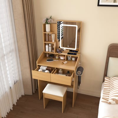 STILVORA Kaptafel - Ledspiegel, Stopcontact En 2 Laden - Voor Kleine Slaapkamer - MDF - 60x36x130 Cm - Natuurlijk