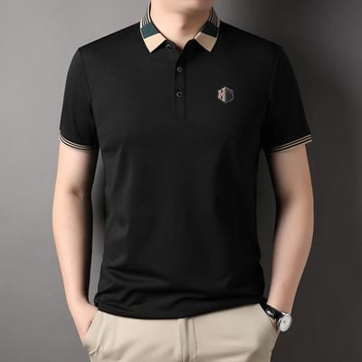 Modieus Urban Los Heren T-shirt Middelbare leeftijd Korte mouw Zomer Gestreept Revers XXXL black