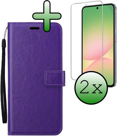 Hoesje Met 2x Screenprotector - Geschikt voor Samsung Galaxy A56 - Luxe Pasjeshouder - Bookcase Portemonee - Flip Case - Kunstleer Book Case - Flipcase Hoes - Book Cover - Walletcase - Portemonneehoes - Paars