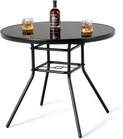 Bistrotafel Glas - Terrastafel Rond - Buiten Eten - Met Parasolgat - 86 x 71 cm - Zwart