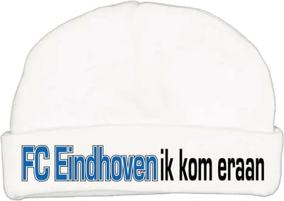 Babymutsje met de tekst: FC Eindhoven ik kom eraan !
