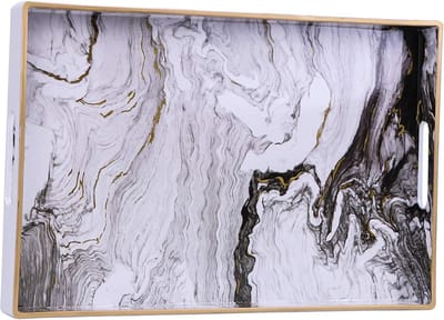 Simmer Stone Decoratief Dienblad Marmering Kunststof Lade - Rechthoekig - Handgrepen - Badkamer Keuken Ottomaanse Salontafel - 156 x 102 inch - Wit
