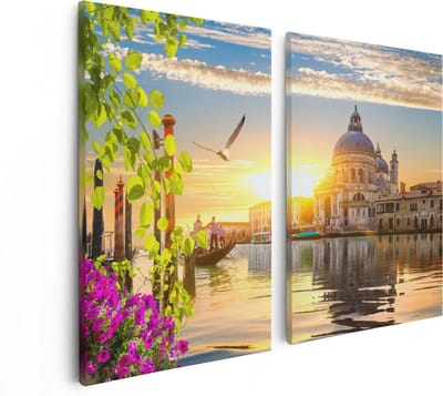 Artaza Canvas Schilderij Tweeluik Kanaal in Venetië met Bloemen - 80x60 - Foto Op Canvas - Canvas Print