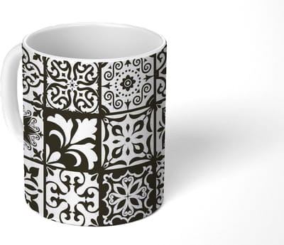 Mok - Koffiemok - Patronen - Zwart - Wit - Bloemen - Abstract - Mokken - 350 ML - Beker - Koffiemokken - Theemok