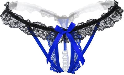 Erotische Lingerie Slipje - Sexy Parel Slipje - Sexy Kanten Open Kruis String - Zwart/Blauw