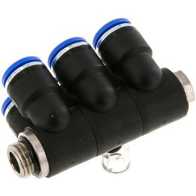 10mm x G1/4'' 6-way Manifold Messing/PA 66 Insteekfitting Buitendraad Draaibaar NBR