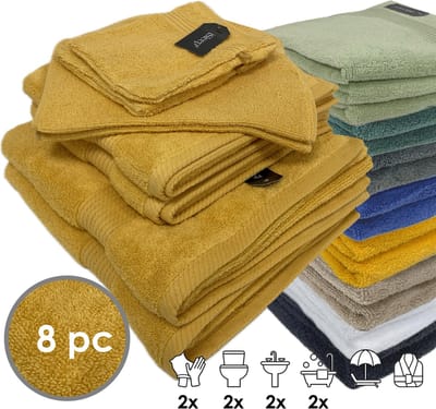 iSleep Terry Badtextiel - Voordeelset (8 delig) - 2x Washandje 16x22 cm - 2x Gastendoekje 30x50 cm - 2x Handdoek 60x110 cm - 2x Badlaken 70x140 cm - Oker