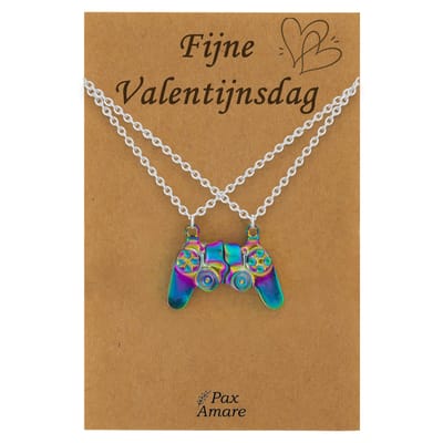 Koppel Ketting voor 2 'Fijne Valentijnsdag' - Magnetische Controller - Vriendschapsketting op Cadeau Kaartje - 45cm + 5cm verstelbaar - Zilverkleurig met Regenboog effect - BFF Hanger - Pax Amare