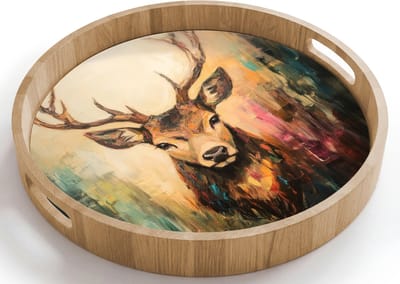 Dienblad rond 40x40 cm - Schootdienblad hout - Hert - Geverfd - Gewei - Bruin - Borrelplank rechthoek - Plateau houten dienbladen