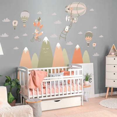 Kinderstickers met Scandinavische bergen en bloeiende dieren, 110 x 165 cm