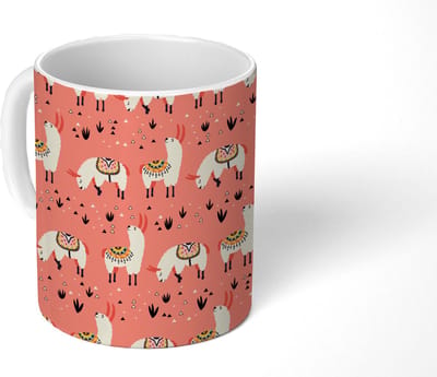 Mok - Koffiemok - Lama - Kinderen - Roze - Patroon - Mokken - 350 ML - Beker - Koffiemokken - Theemok