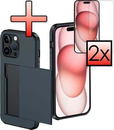 Hoes Geschikt voor iPhone 15 Pro Hoesje Pasjeshouder Hard Cover Met 2x Screenprotector Shock Proof Hard Case Hoes Met Kaarthouder - Donkerblauw