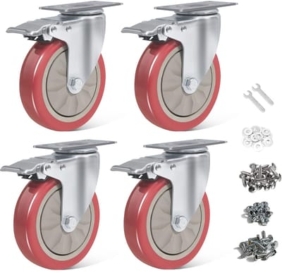 Zwenkwielen 125MM met rem 800kg rood - meubel transport werkbank gereedschapswagen pallets - 4-delige set met schroeven
