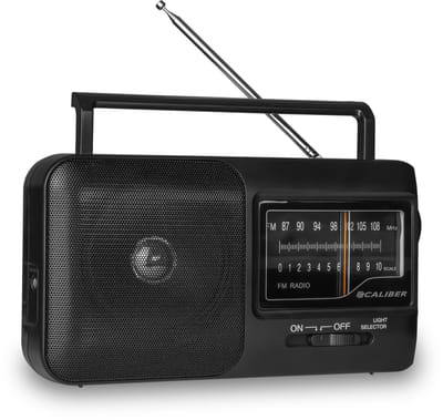 Caliber Noodradio - Draagbare radio - Werkt op batterijen en op Netstroom - Retro radio - FM radio - Keukenradio - Noodradio Denk Vooruit - Handvat - Koptelefoonaansluiting - Zwart (HPG317-B)