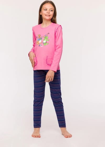 Woody pyjama meisjes/dames - roze - dino - 242-10-PLG-S/453 - maat 140