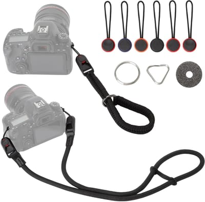 Robuuste camerariem set met snelsluiting, polsriem en schouderriem voor DSLR en spiegelloze camera's, ideaal voor avontuurlijke fotografen