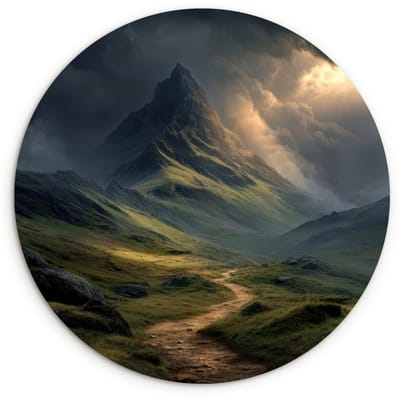 WallCircle® Wandcirkel 120x120 cm - Muurcirkel Bergen - Kronkelpad - Groen - Wolken - Muurdecoratie woonkamer - Wanddecoratie slaapkamer - Kamer decoratie accessoires - Ronde schilderijen XXL