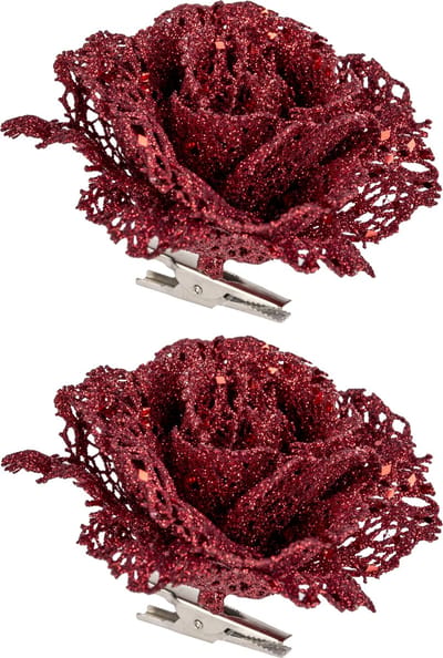 Kerstboomversiering Bloemen - 2x - 10 cm - rood glitter - op clip - ornament