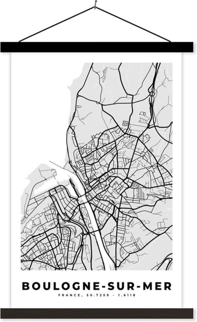 Posterhanger incl. Poster 40x60 cm - Schoolplaat - Frankrijk - Boulogne-sur-Mer - Stadskaart - Plattegrond - Kaart - Textielposter - Zwarte latten - Stadskaart