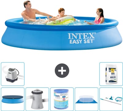 Intex Rond Opblaasbaar Easy Set Zwembad - 305 x 61 cm - Blauw - Inclusief Afdekzeil - Zwembadfilterpomp - Filter - Grondzeil - Schoonmaakset - Zoutwatersysteem - Zwembadzout - 8-delig
