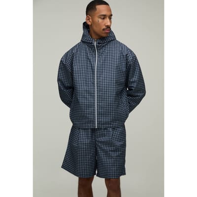 Geruit Windbreaker Set Met Col En Wijde Korte Broek | Navy | Size XS