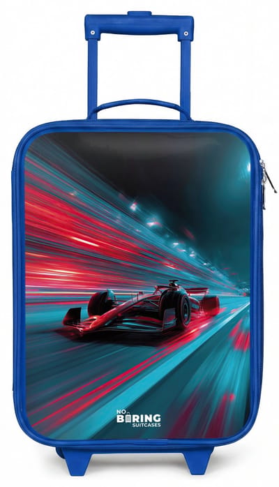 NoBoringSuitcases.com® - Kinderkoffer blauw - Kindertrolley jongen - Raceauto - Baan - Neon - Verlichting - Koffer kind lichtgewicht - Reiskoffer trolley voor kinderen - Koffertje met lichtgevende wieltjes - Rolkoffer