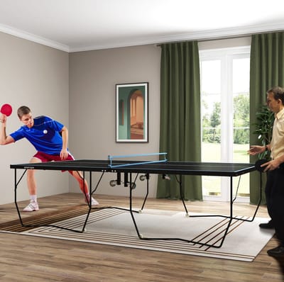 MEUNIQ outdoor tafeltennistafel 274 x 152,5 x 76 cm inklapbaar met net, 8 wielen, 2 batjes en 3 ballen, zwart, standaard speeltafel voor binnen en buiten