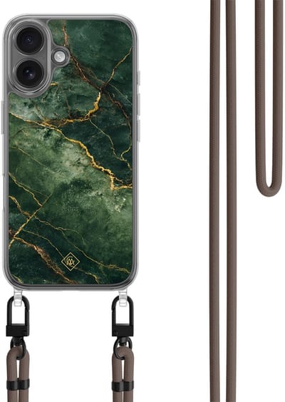 Casimoda® hoesje met bruin koord - Geschikt voor iPhone 17 - Emerald Marble - Afneembaar koord - TPU/polycarbonaat - Groen