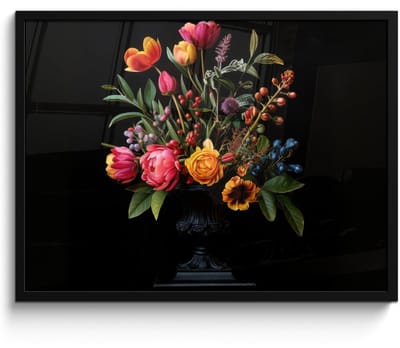 Poster in lijst - Fotolijst 70x50 cm - Posters - Tulpen - Bessen - Boeket - Vaas - Posterlijst zwart - Decoratie - Wanddecoratie woonkamer - Muurdecoratie slaapkamer