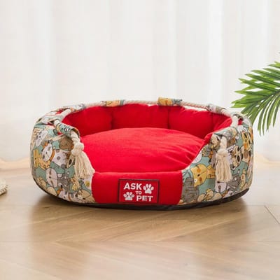 Nid pour animal de compagnie en toile imprimée, nid pour chat, nid d'hiver chaud pour chat, nid pour chien, tapis épais en peluche pour animal de compagnie, maison pour chat M  40 * 40cm red