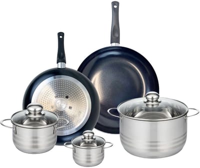Set van 2 Koekenpannen 28 en 32 cm en 3 Kookpotten 12, 16 en 24 cm Elo Prima Glanzend