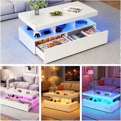 Salontafel met 2 lade， woonkamertafel met LED ,Banktafel，Hoogglans, Afgesloten opslagruimte, voor woonkamer,wit， 104x53x46cm