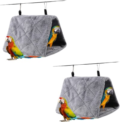2-stuks Pluche Vogelhangmat - Driehoekig Hangend Vogelhuisje - Hangende Tent - Met Dubbele Haken - Winterwarm Bed - Warm en Zacht - Warm Vogelhuisje - Geschikt voor Suikereekhoorns, Papegaaien, Dwergpapegaaien - Grijs