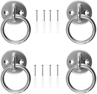 4-delige oogplaten set van roestvrij staal, 8 mm gatdiameter, ronde basis met schroeven, ideaal voor houten palen, stevige muren en plafonds