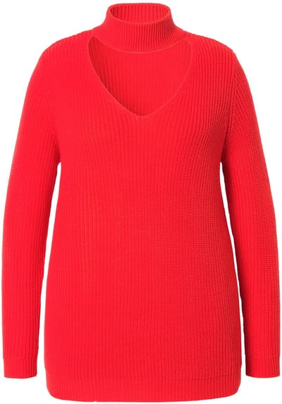 MIAMODA - Dames - Pullover regular fit V-hals met choker - Neonrood - Maat 46+