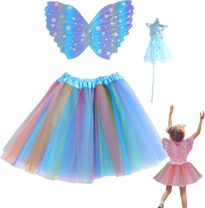 Joya Kids® Blauwe tutu met Vleugels en Staf | Tover fee Verkleedset voor Meisjes | Tutu verkleedkleding | Prinsessencape | Cape Set | Unicorn | Meisje Verkleedset | Carnvalskleding Halloween Meisjes | Met Staf, Vleugels en Tutu | Metallic Blauw