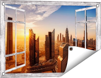 Gards Tuinposter Doorkijk Dubai Stad bij Zonsopgang - 60x40 cm - Tuindoek - Tuindecoratie - Wanddecoratie buiten - Tuinschilderij